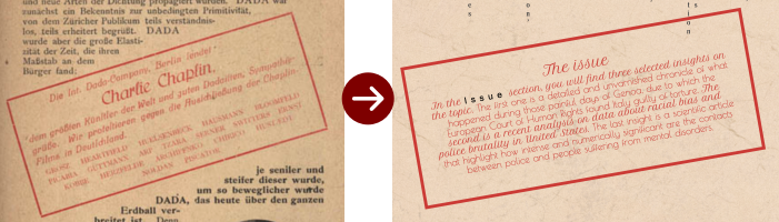 rectangular paragraps with 10 degree rotation: the first in Der Dada no.3, the other in the Issue paragraph of the homepage