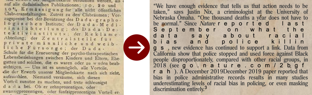 comparison between the fonts used in a paragraph of Der Dada and in the issue section of the website